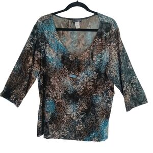 Brittany Black Blouse Women's Size 3X top‎ Floral Print Black/Brown/Gold Shimmer